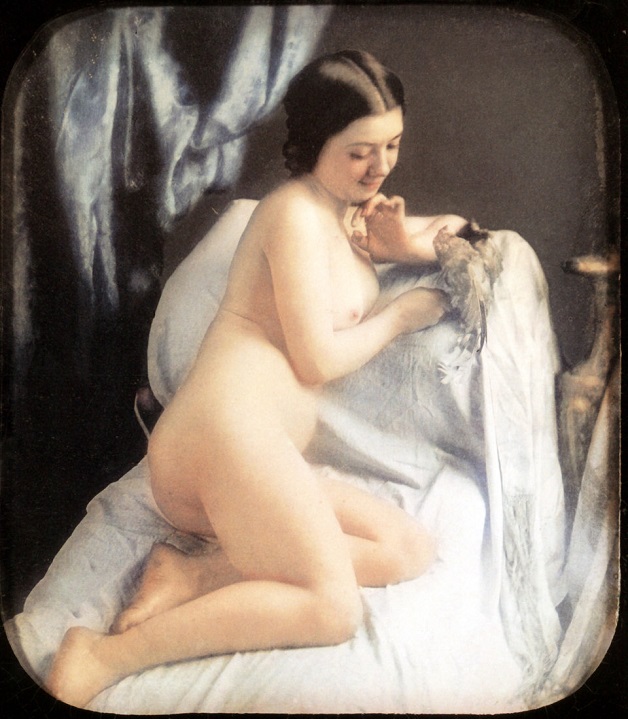 A nude woman is sitting on her bed playing with a bird.1850. Hand-colored stereoscopic daguerreotype.   (Photo by Galerie Bilderwelt/Getty  Images)