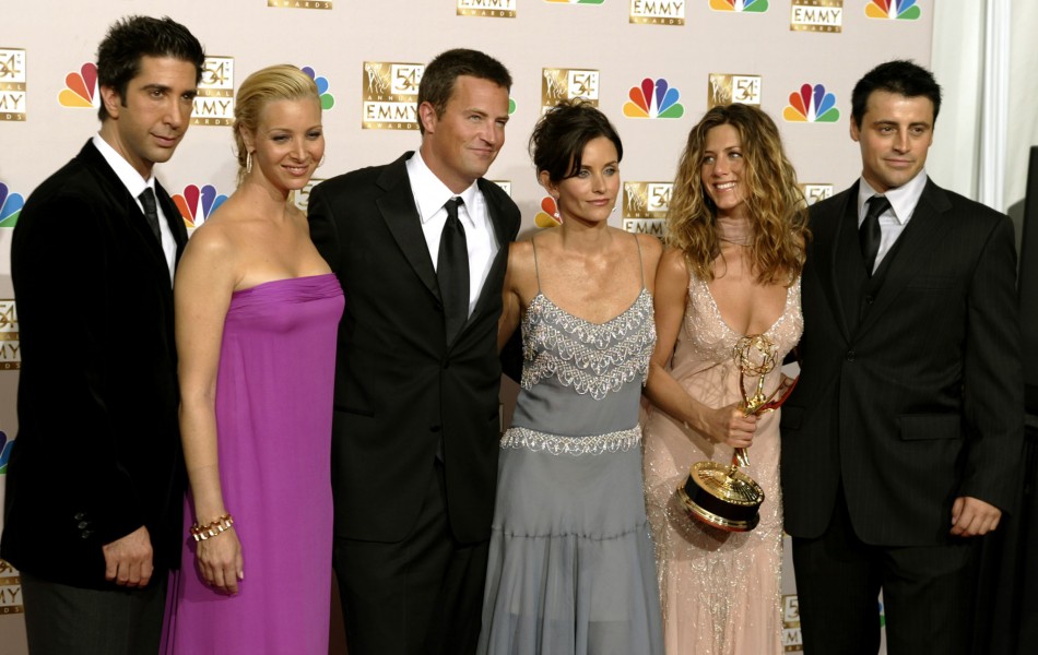 O elenco de Friends: David Schwimmer, Lisa Kudrow, Matthew Perry, Courteney Cox, Jennifer Aniston e Matt LeBlanc, em 2002