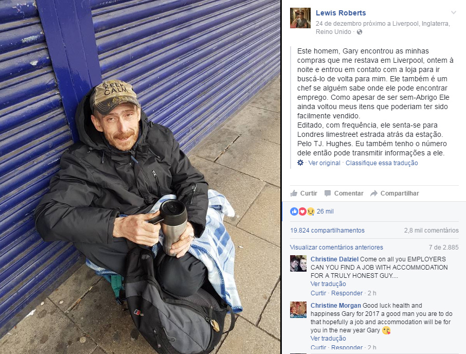 Gary: mendigo de Londres devolve sacola de compras no valor de 200 libras (Créditos: reprodução Facebook)