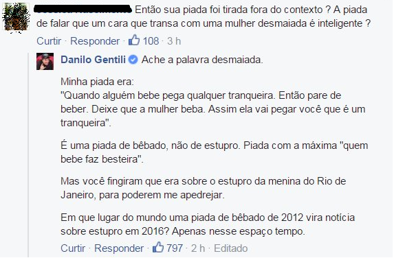 Resposta de Gentili em sua conta no Facebook (Foto: Reprodução)