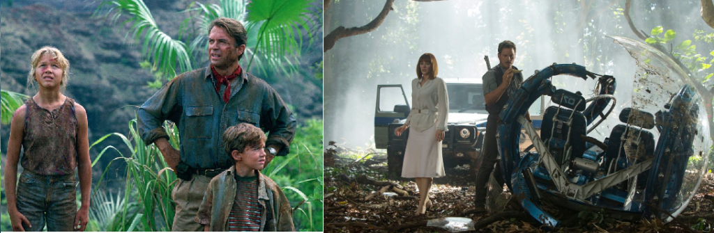 Cenas de Jurassic Park, de 1993, e Jurassic World, de 2015