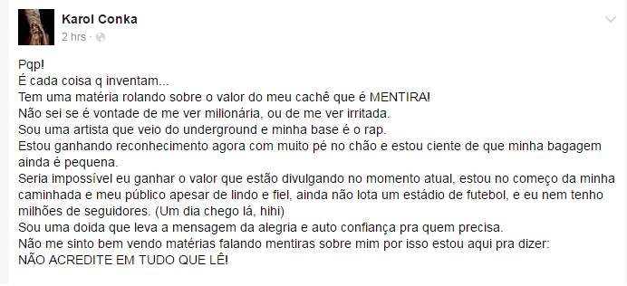 Irritada, rapper Karol Conká contesta valor de cachê divulgado por jornal