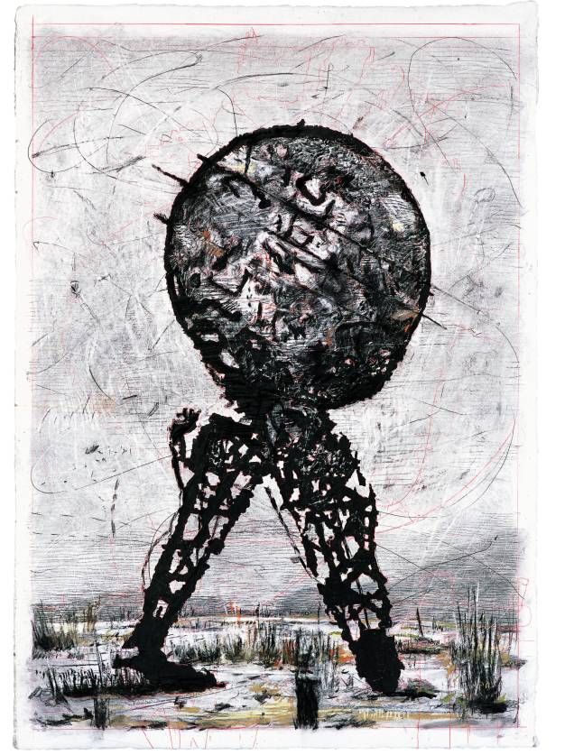Il Sole 24 Ore: Domenica (Mundo nas pernas de trás), 2007, carvão e pastel sobre papel. 213,5 x 150 cm, William Kentridge