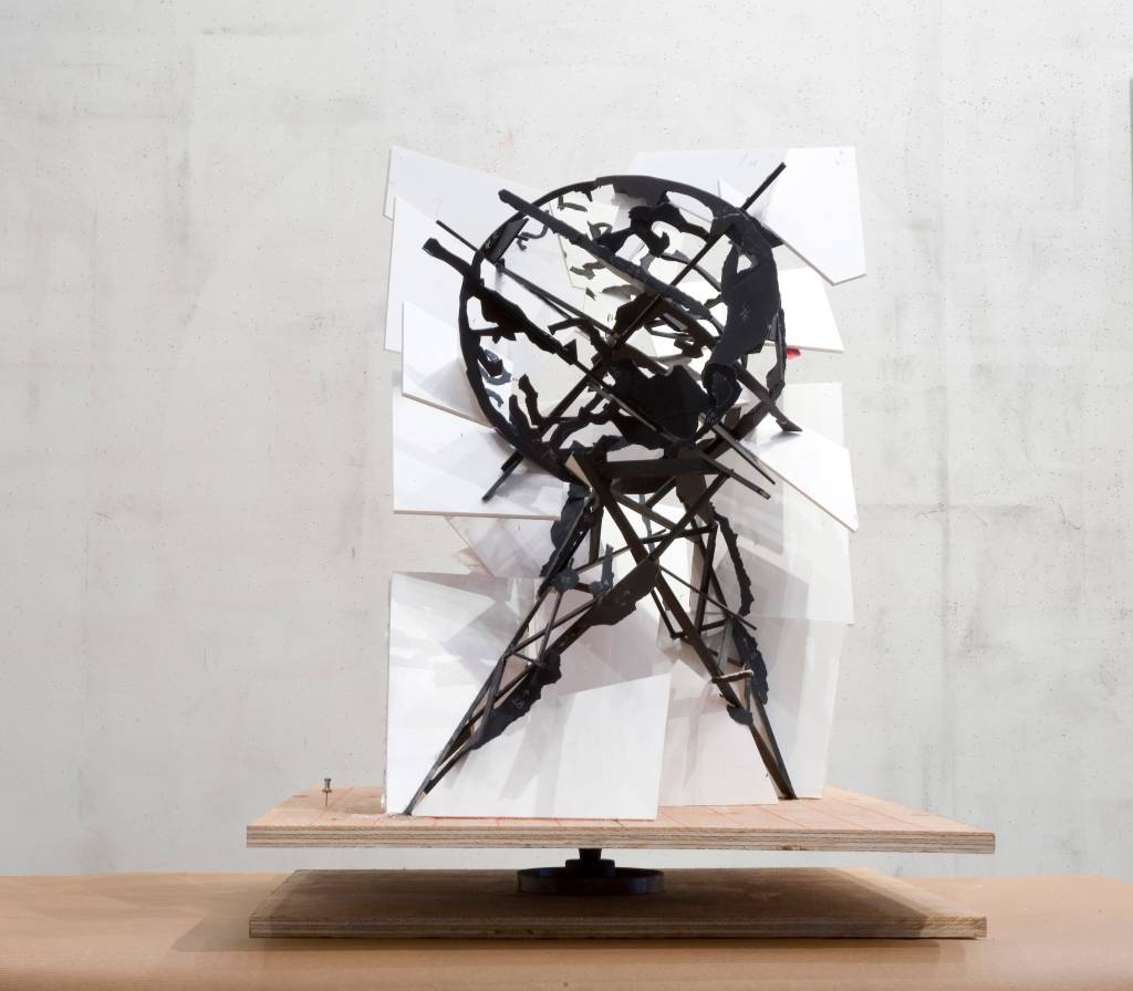 Maquete para Mundo nas pernas de trás, 2009, papelão pintado e construção de papel sobre base de madeira, 62 x 65 x 43 cm, William Kentridge