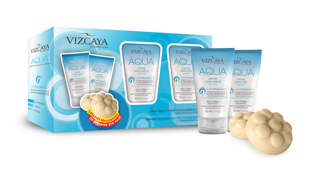 Kit Presente Aqua, da Vizcaya. 1 hidratante Aqua para mãos 50ml; 1 hidratante Aqua para pés 50ml; 1 sabonete corporal massageador 90g; Preço sugerido: R$ 29,90
