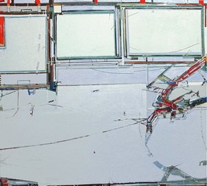 Pintura da série Entre a Linha Vermelha e a Linha Amarela, de Lucia Laguna: abstração figurativa