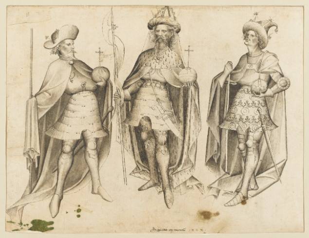 Desenho <em>O imperador Sigismundo com o rei da Boemia e o rei da Hungria</em>, de autor desconhecido, datada de 1450