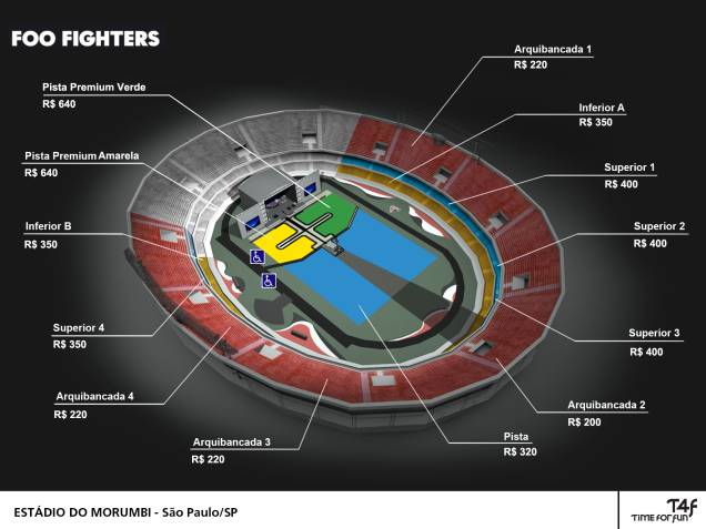 Mapa dos setores do Estádio do Morumbi no dia do show do Foo Fighters