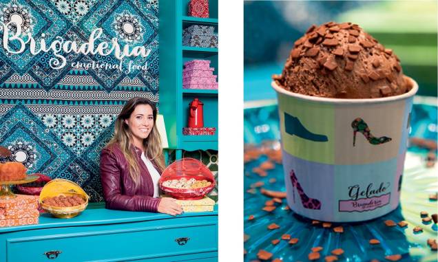A proprietária Taciana Kalili no balcão de tons azulados e a novidade gelada: o sorvete de chocolate belga