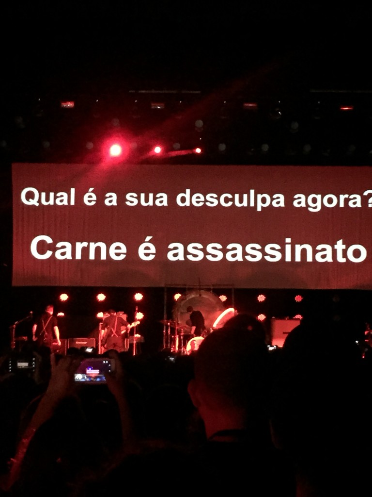 Frase exibida ao final de uma música: fã desmaiou após ver imagens de animais sendo abatidos em telão (Foto: João Batista Jr.)