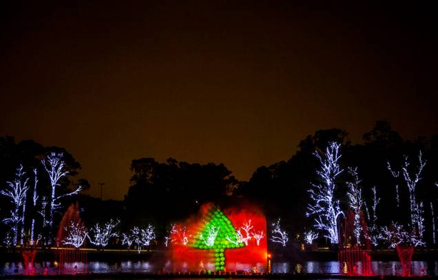 Árvore de Natal é projetada nas águas da fonte multimídia do Ibirapuera