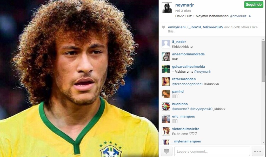Neymar postou montagem do seu rosto com o cabelo de David Luiz