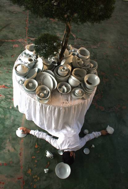 O trabalho no qual o artista surge rodeado por louças: forte apelo visual