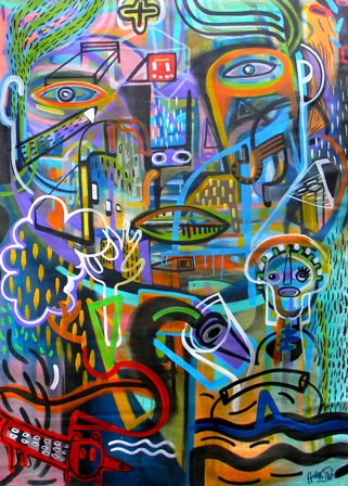 Tela<em> O Jovem: </em>retrato com intervenção de grafite