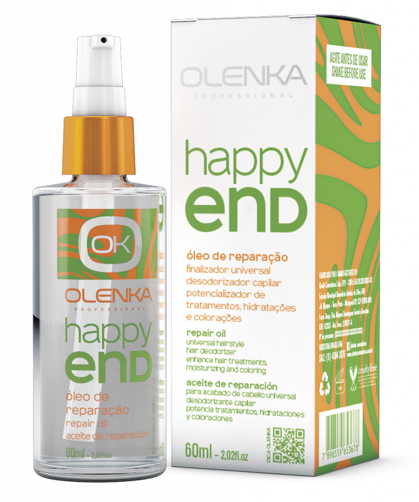 Óleo de Reparação Happy End 7 em 1, da Olenka. Argan, ojon, macadâmia, mirra, cálamo, monoi e buriti são óleos que fazem parte da composição desse produto, que também pode ser usado como desodorizador capilar. Ele potencializa a coloração e a hidratação, e seus ativos ajudam na proteção contra os danos do secador e chapinha. Preço sugerido: R$ 118,00