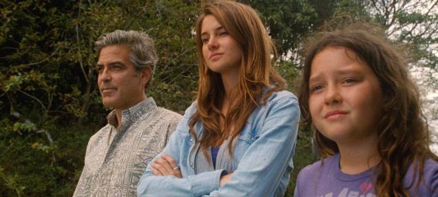 Os Descendentes, com George Clooney, Shailene Woodley e Amara Miller: drama familiar
