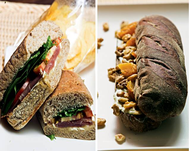 Sanduíches caprichados: de presunto cru na ciabatta integral e com recheio de pera, nozes e gorgonzola