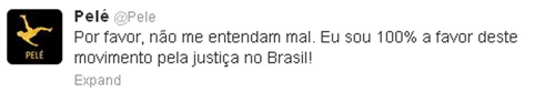Polêmica do dia: depois de pedir para que povo esqueça os protestos, Pelé se explica no Twitter