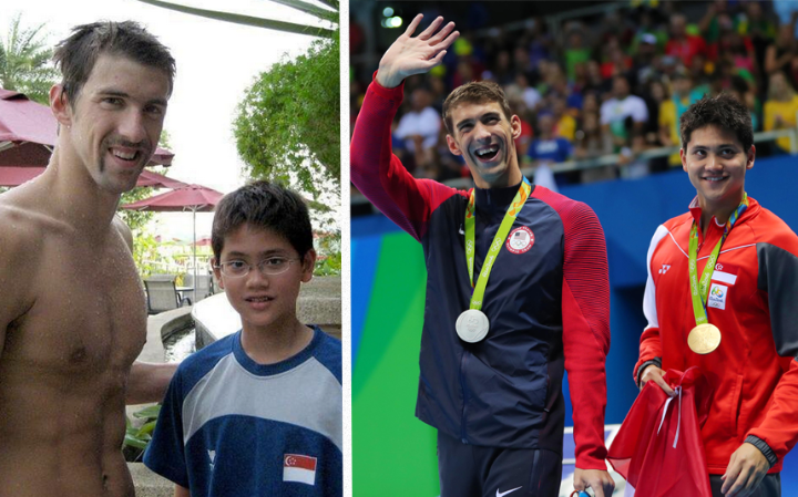 Em 2008, o menino Jospeh Schooling com o ídolo Michael Phelps. Em 2016, o pupilo vence o astro
