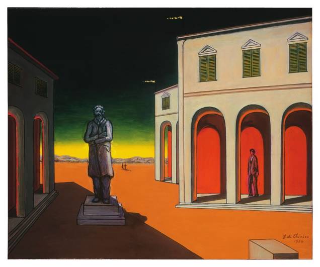 O óleo Praça da Itália com Estátua de Cavour (1974): De Chirico retorna à fase inicial