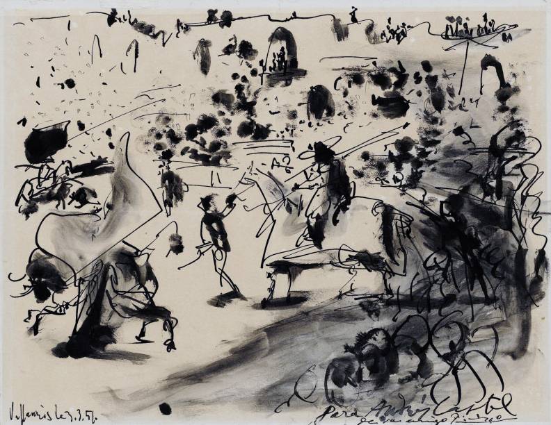 Entre as obras sobre touradas, há exemplares como Corrida (1951), de Pablo Picasso