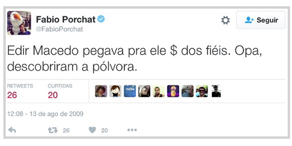 Durante a estreia de Fábio Porchat na Record, um tuíte antigo do ator deu o que falar
