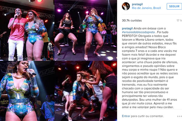 Preta Gil se irrita com críticas a look de Carnaval e desabafa no Instagram