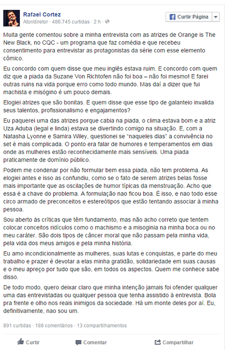 Rafael Cortez desabafa contra críticas a entrevista com atrizes do ‘Orange is the New Black’