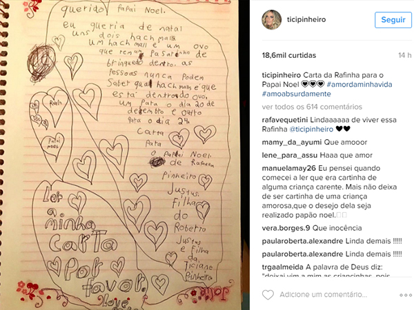 Ticiane Pinheiro compartilha no Instagram cartinha que Rafinha Justus escreveu para Papai Noel