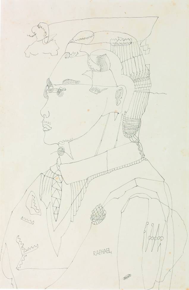 A obra em nanquim e bico de pena sobre papel Sem título (retrato de Abraham Palatnik), de Raphael Domingues A obra em nanquim e bico de pena sobre papel Sem título (retrato de Abraham Palatnik), de Raphael Domingues