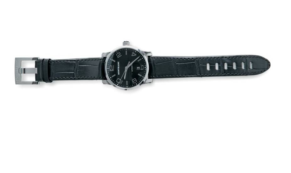 Relógio com pulseira de couro e caixa de aço, da Montblanc