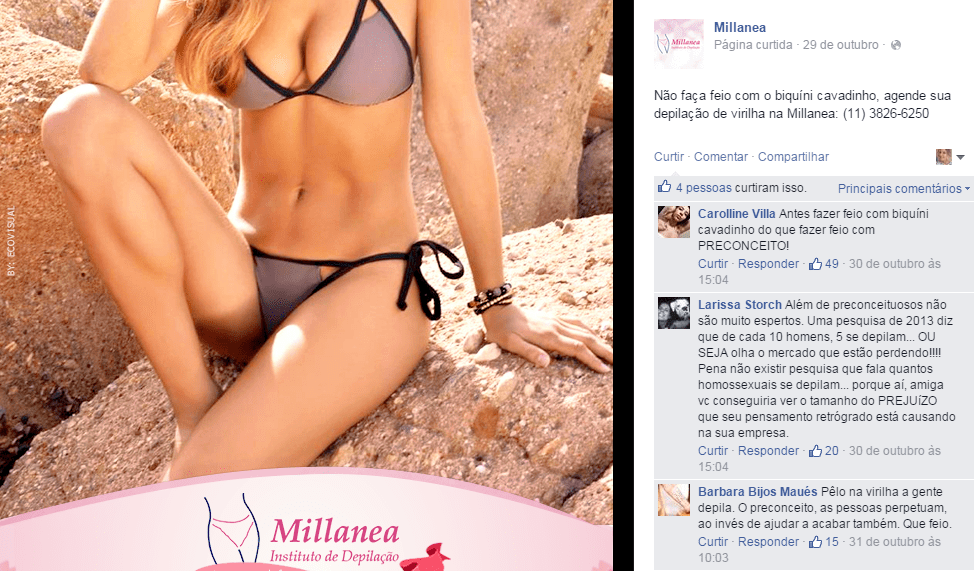 Página do Facebook da clínica Millanea com comentários a favor da maquiadora (Foto: Reprodução/Facebook)