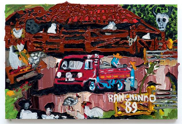 Versão da tela Caminhão de leite, de Ranchinho, feita por Rodrigo Andrade, com camadas grossas de tinta