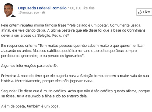 Romário ataca Pelé no Facebook: “Além de poeta, é um boçal”