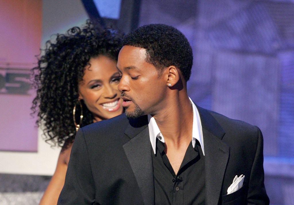 HOLLYWOOD - JUNE 28:  Hosts Will and Jada Pinkett Smith speak onstage at the BET Awards 05 at the Kodak Theatre on June 28, 2005 in Hollywood, California.  (Photo by Kevin Winter/Getty Images)