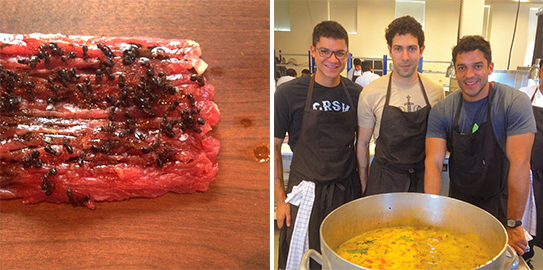 A carne com formigas que Thiago provou no Noma e a panela de moqueca que Thiago, Felipe e Rodrigo Oliveira serviram no almoço. (Fotos: Reprodução)