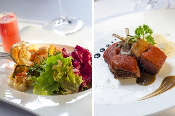 Salada de frutos do mar com manteiga de laranja mais mix de folhas e carré de cordeiro cozido a vácuo, coroado com crosta de chouriço e guarnecido de ravióli de batata-doce e queijo brie. FOTO: Ligia Skowronski