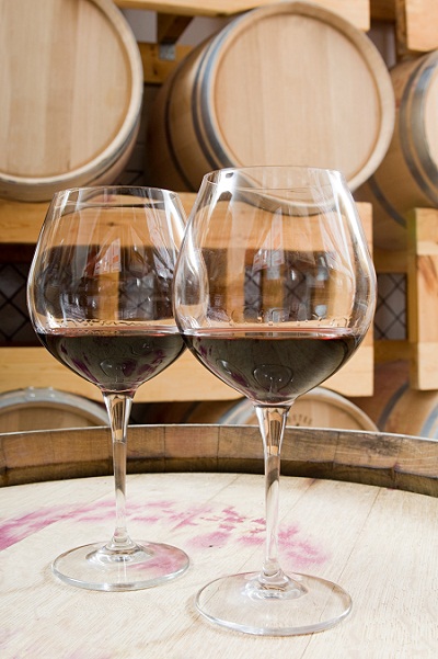 Wine glasses in a wine cellar