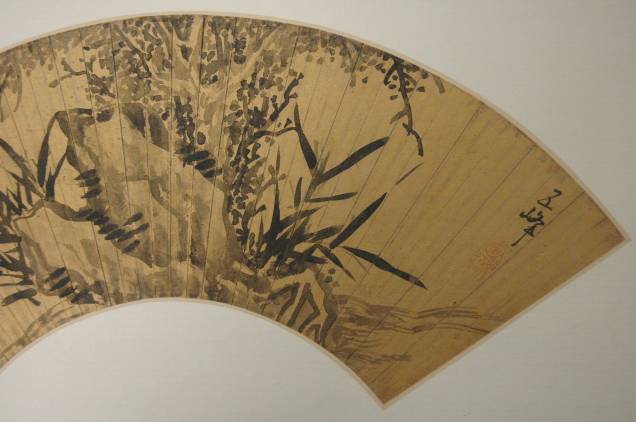 Árvore de bambu e rochedo, leque de Wen Boren