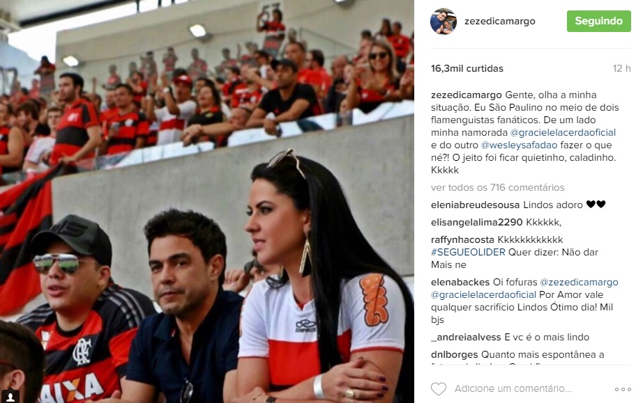 São paulino, Zezé Di Camargo consolou namorada flamenguista que chorou durante jogo no Maracanã