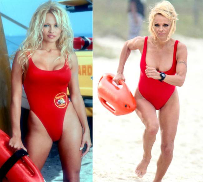 A atriz Pamela Anderson nos anos 90 e hoje