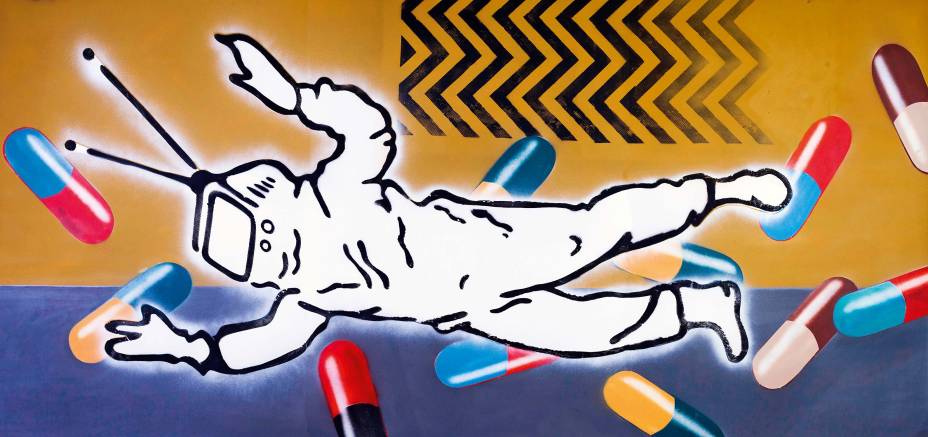 TVnauta: feito sobre madeira, rodeado por pílulas de cores vibrantes, numa referência à pop art