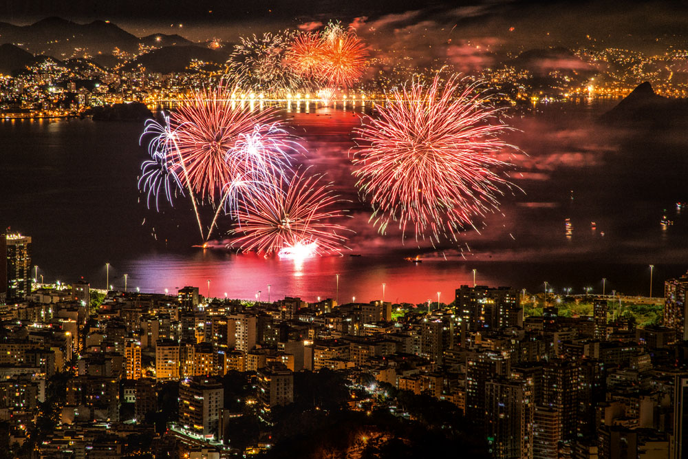 Festa de Ano-novo em Copacabana: imagem com fogos de artifício