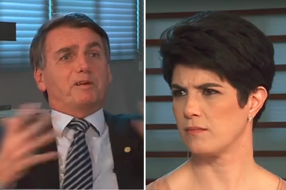 imagem dividida em duas: à esquerda, Bolsonaro argumentando com a boca aberta e mãos para cima; na direita, a jornalista Mariana Godoy olhando para a esquerda com expressão séria