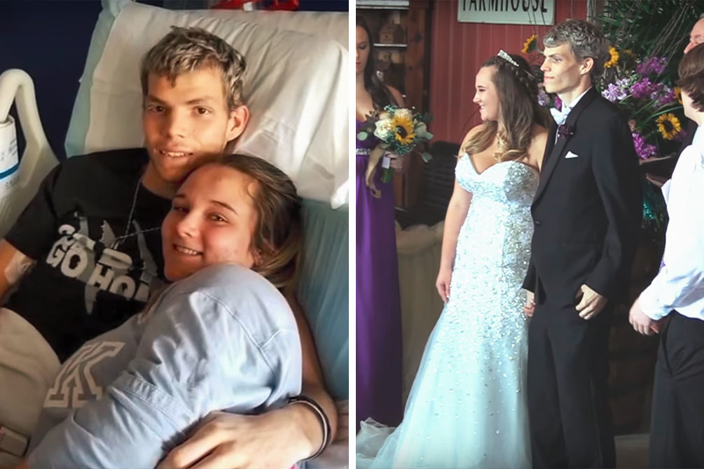 Adolescente com câncer terminal casa com namorada de infância