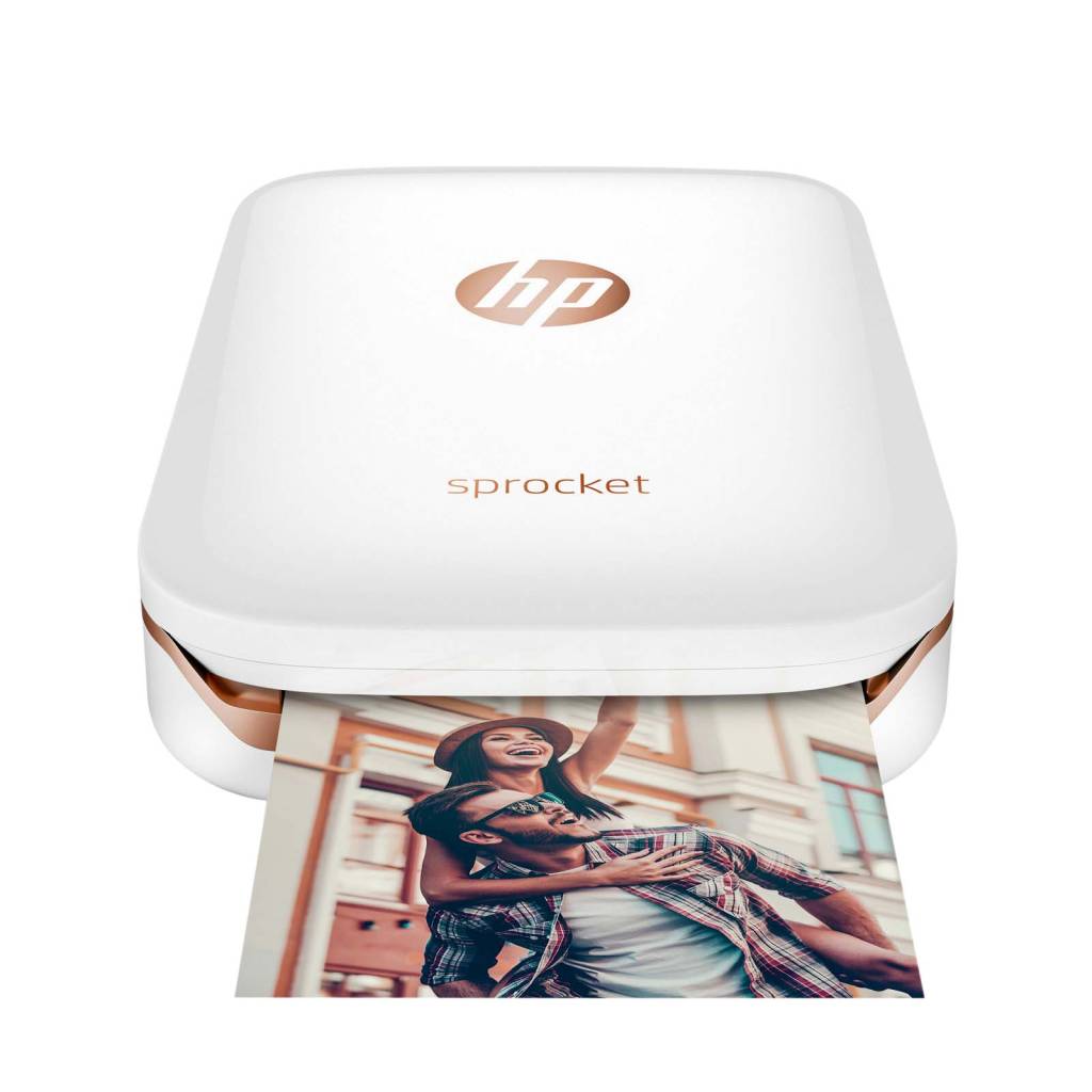 HP Sprocket Photo Printer (White), Center, Front, with output HP Sprocket Photo Printer (White), Center, Front, with output