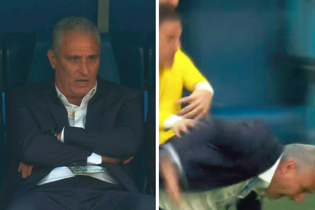 Tite comemora gol, leva tombo e dá o que falar no Brasil x Costa Rica