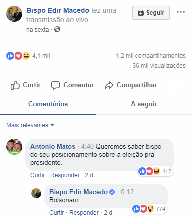 Sem alarde, bispo Edir Macedo declara apoio a Bolsonaro em rede social, Política