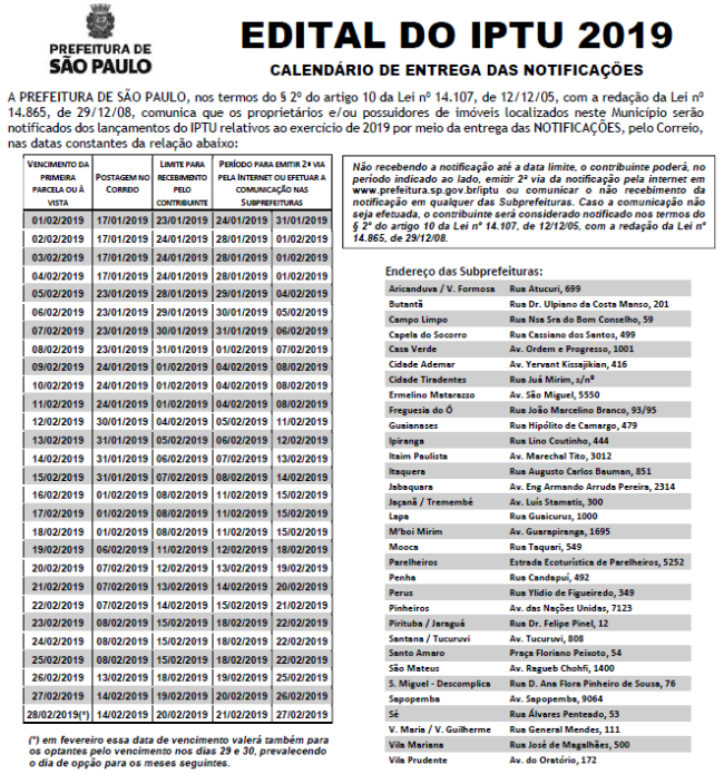 calendário iptu sp 2019