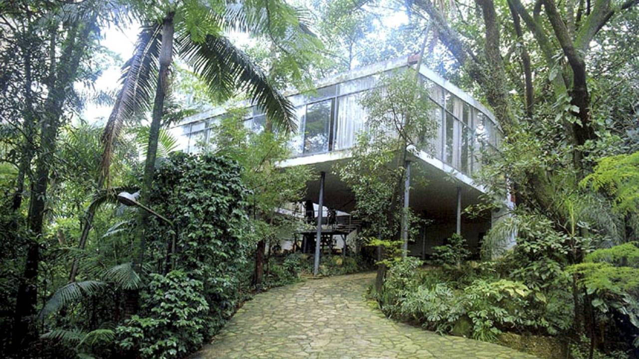 Imagem mostra casa com janelas de vidro em meio a matagal
